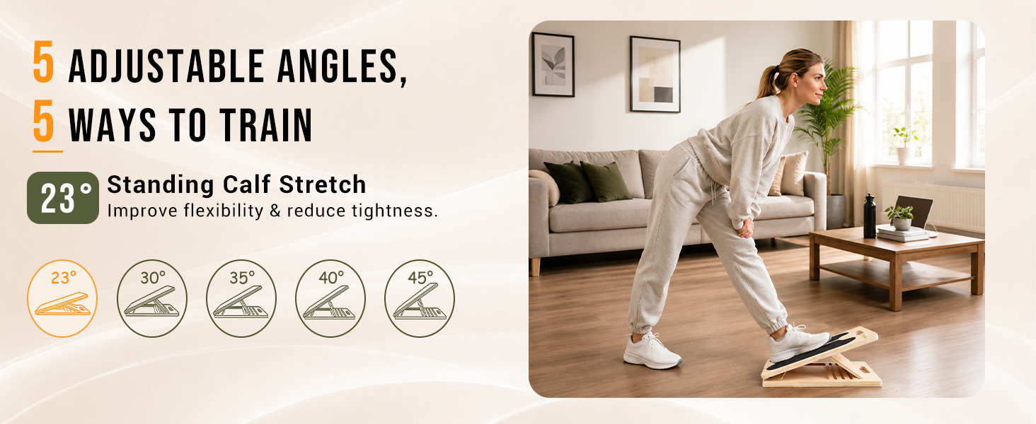 23° wooden slant board for standing calf stretch and lower-leg flexibility.