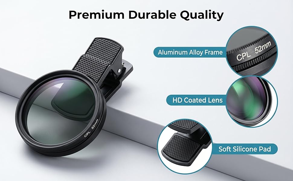 52mm CPL smartphone lens filter with premium aluminum alloy frame, HD coated lens