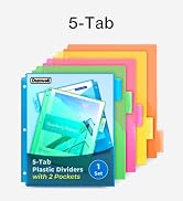Dunwell Plastic 5-Tab Dividers for 3-Ring Binder (1 Set, 5ct.), 5 Bright Colors, Notebook Divider...