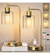 QiMH Set of 2 Industrial Touch Control Table Lamps with 2 USB Ports and 2 AC Outlets, 3-Way Dimma...