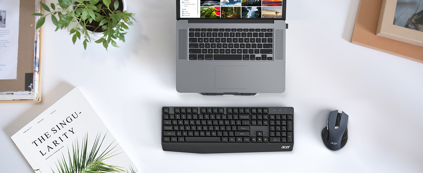 Workstation with laptop, external keyboard, and mouse on white desk. Plant, book, and picture frame visible. Laptop screen shows colorful application interface.