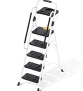Folding step ladder with 5 steps and a handrail, white metal frame construction, for household use.