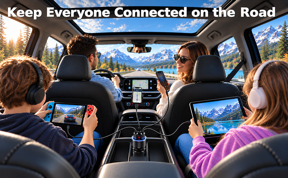 4 port car charger powering the driver's phone, a passenger's phone, an iPad and a Nintendo Switch