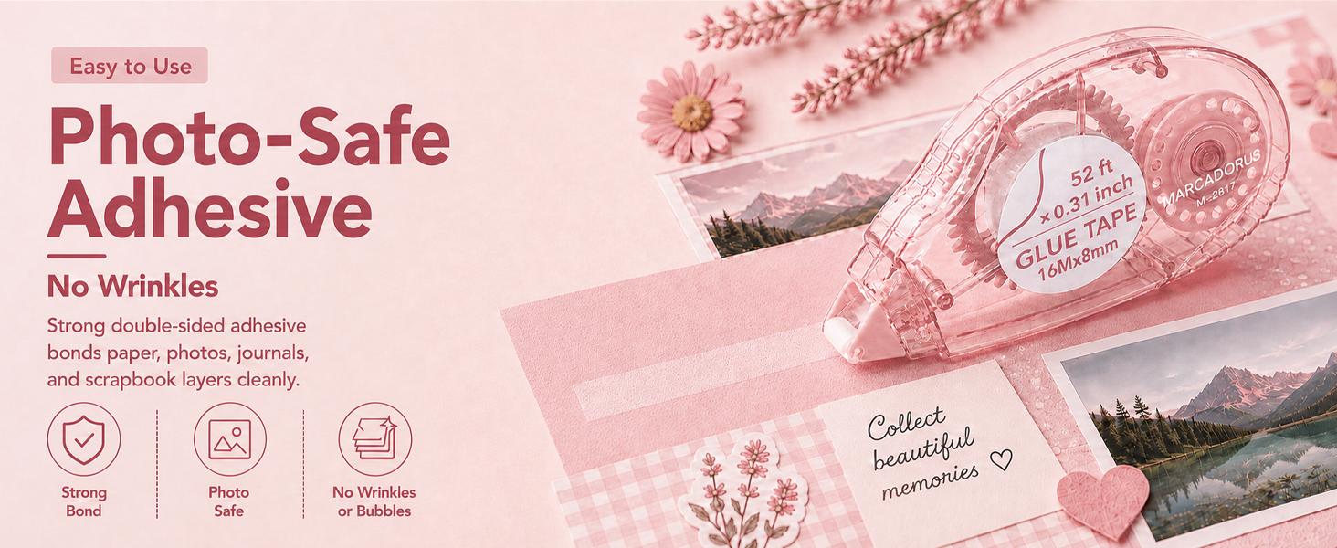 Photo-safe adhesive for scrapbooking holds photos, cards and album layers with a clean tape runner