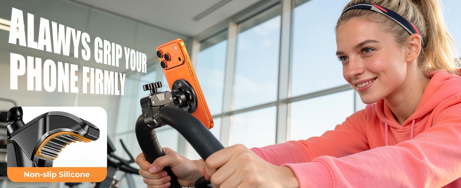 clamp with a textured silicone lining on the inside, allowing it to grip the handlebars firmly
