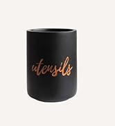 Matte Black Utensil Holder for Countertop - Stylish Black & Copper Utensil Holder for Black Kitch...