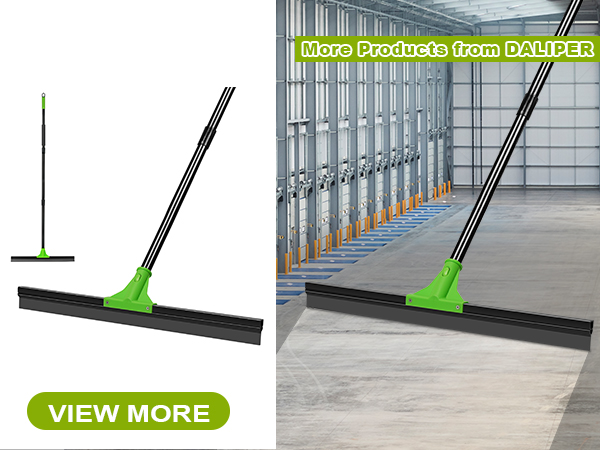 Floor squeegee with long black handle and bright green base. Wide rubber blade for efficient water removal. Shown in use on concrete floor of industrial setting.