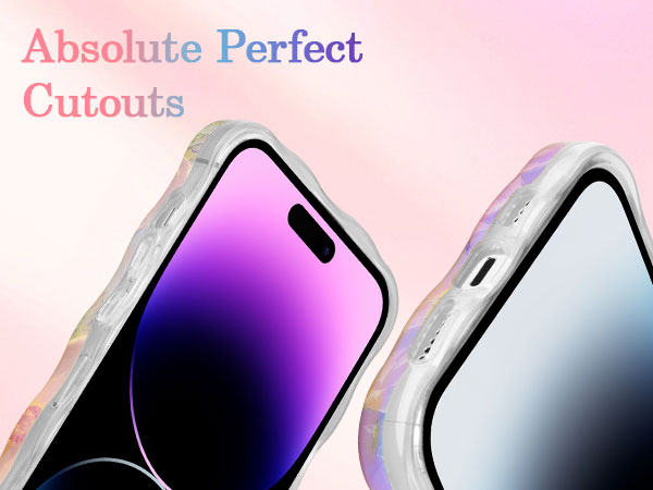 Two smartphone corners with curved edges, one purple and one white, showcasing precision cutouts for buttons and ports against a pink background.