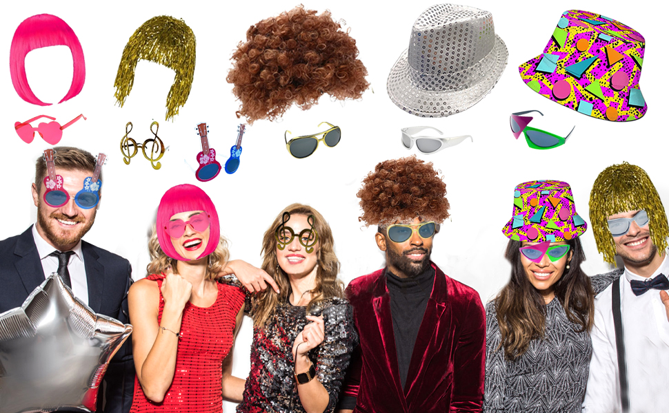 Large variety of props rock and roll funny sunglasses props funny party hats props