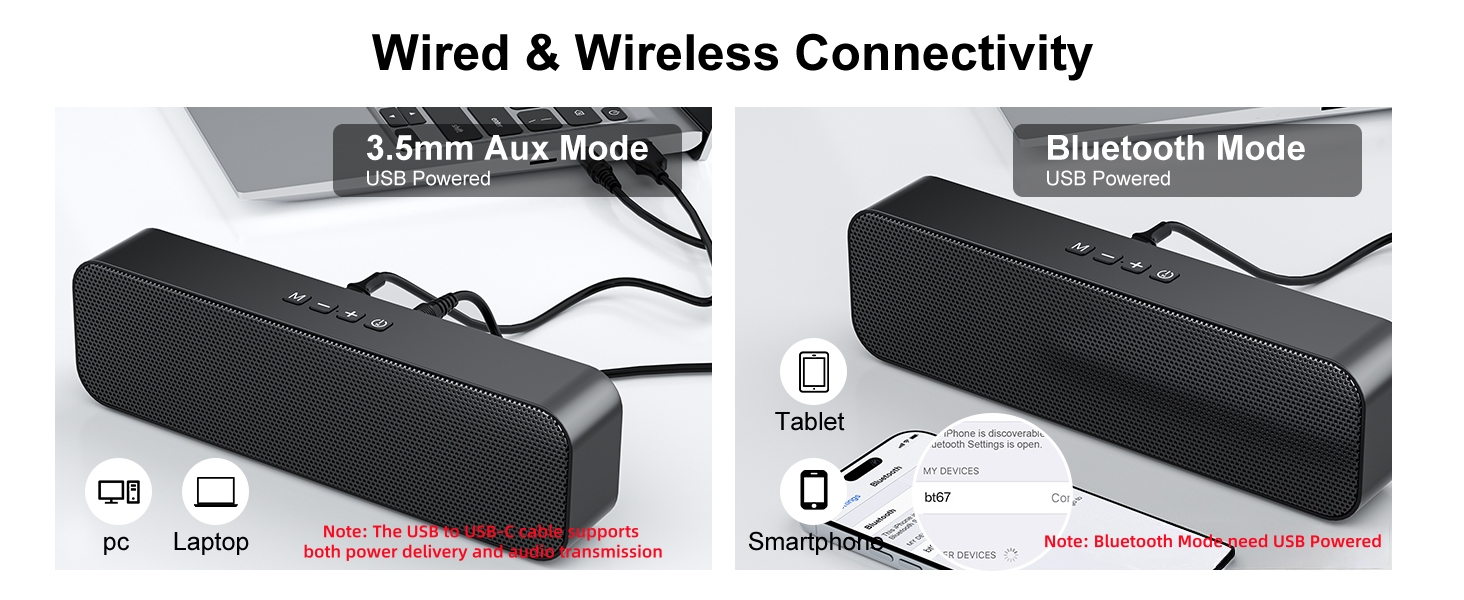 Computer speaker with wired 3.5mm AUX and wireless Bluetooth 5.3