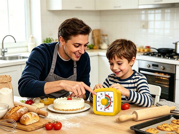 Adult and child in kitchen preparing food at wooden table with bread, tomatoes, and yellow container visible.