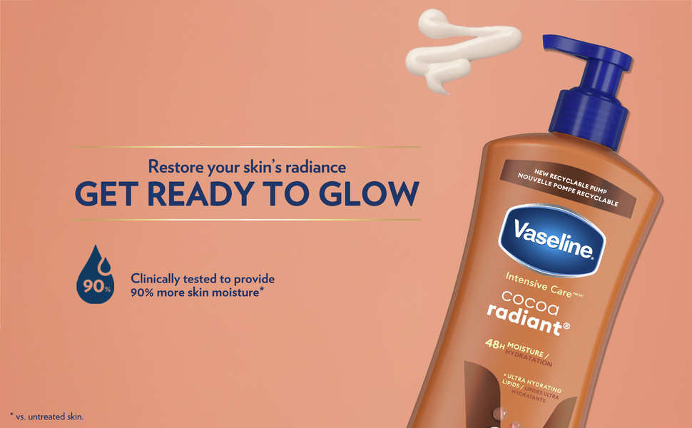 Cocoa Radiant bottle with stream of lotion coming from pump against pinkish-orange