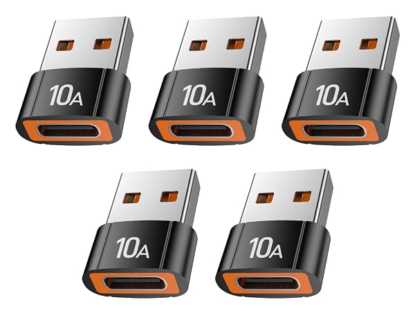 Text reads '10A' on each adapter. Five identical black and orange USB adapters arranged in two rows, featuring metal connectors and compact design.