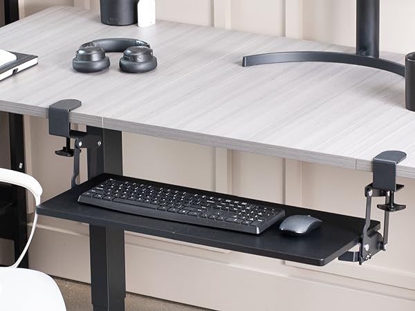Clamp-on Keyboard Tray with Swinging Height Adjustment