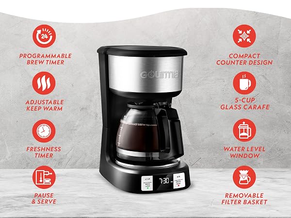 brew later adjustable keep warm freshness ti pause and serve water level removable filter 5 cup
