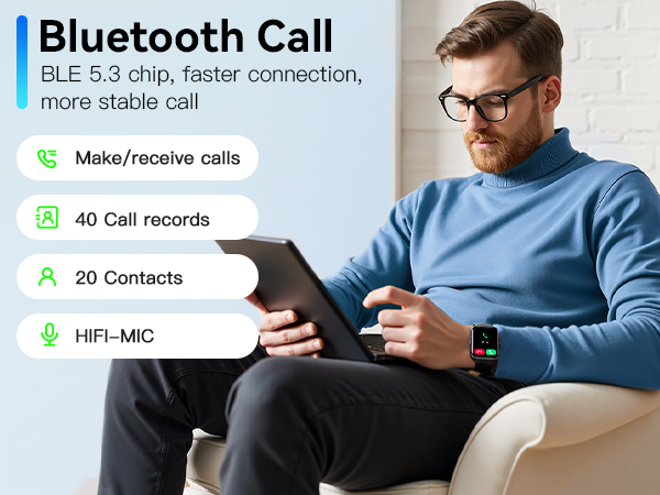 Text reads: 'Bluetooth Call BLE 5.3 chip, faster connection, more stable call', 'Make/receive calls', '40 Call records', '20 Contacts', 'HFI-MIC'. Shows person using device while seated in white chair.