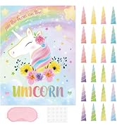 WERNNSAI Pin The Horn On The Unicorn - Birthday Party Game with 24Horns Stickers for Unicorn Birt...