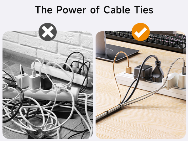 Black and white cable ties for organizing cables at home, office, or garden.