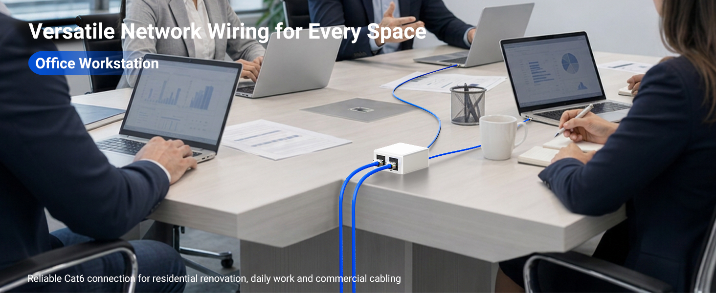 Text reads 'Versatile collaboration tools for every workspace.' Office setting showing multiple laptops and devices on white desk with blue cable connection.