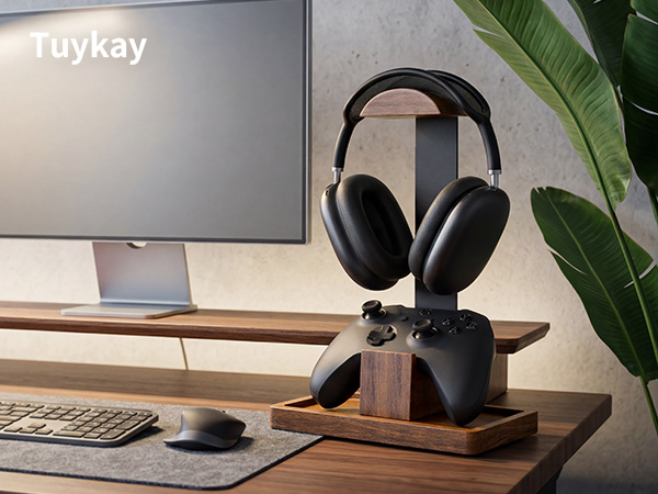 Solid Walnut Wood Headphone Stand with Controller Holder|2-in-1 Gaming Desk Organizer|for PS5