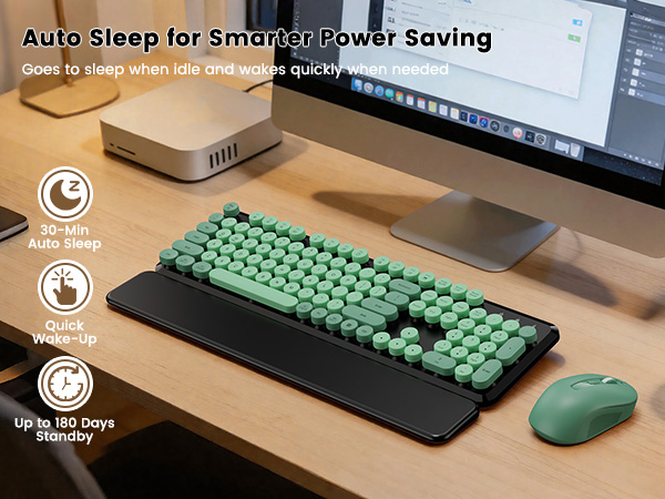 Green Black round-key keyboard and mouse with wrist rest show auto sleep power saving.