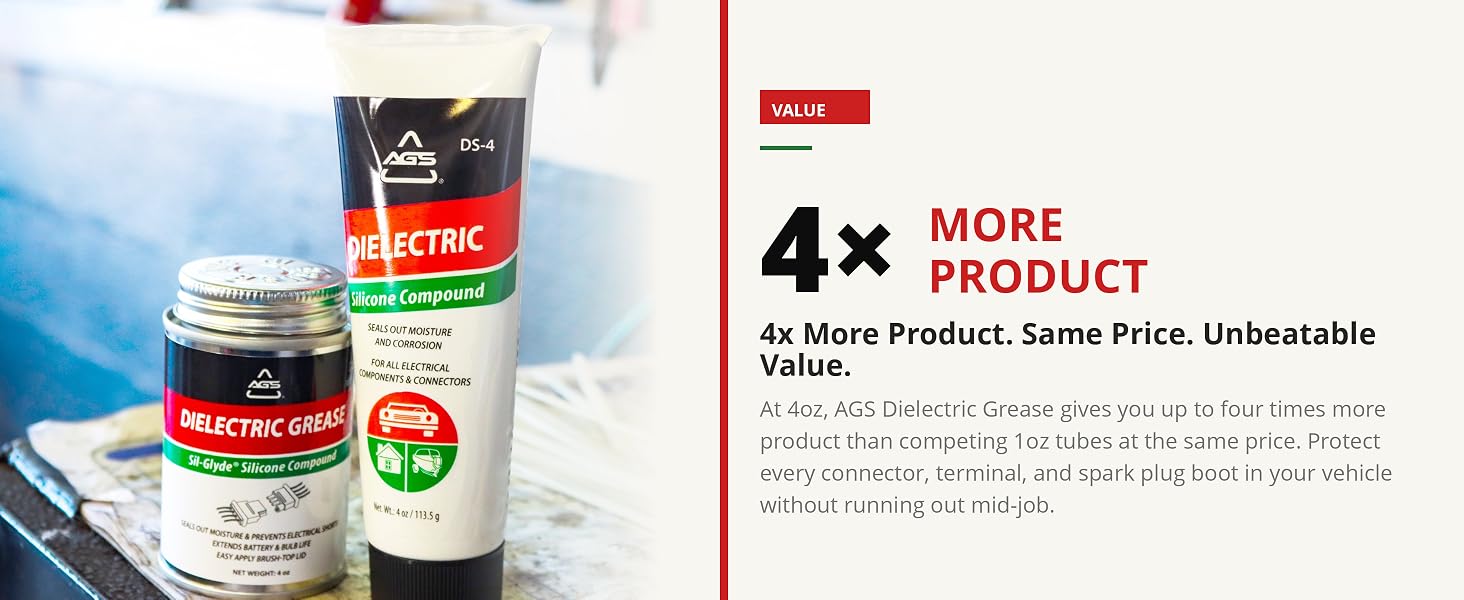 AGS DE-44 can on workbench with bold 4x more product value callout on cream background