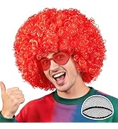PLULON Red Afro Wig with Heart Sunglasses for Women Men, Colored Short Fluffy Curly Funny Party A...