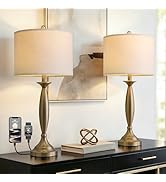 Oneach 28" Warm Gold Table Lamps Set of 2, Modern Bedside Lamps with USB Ports, Tall Nightstand L...