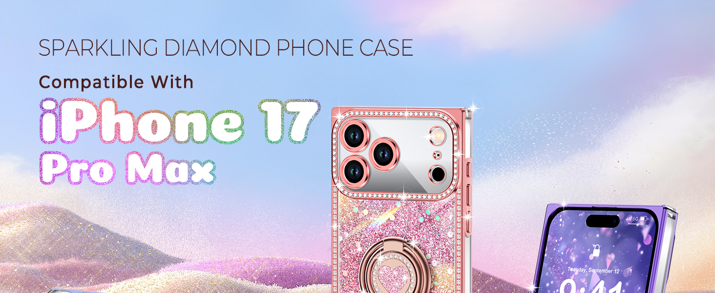 XYZ for iPhone 17 Pro Max Case, Glitter Bling Phone Cover with 2-Ring Heart Stand Lanyard