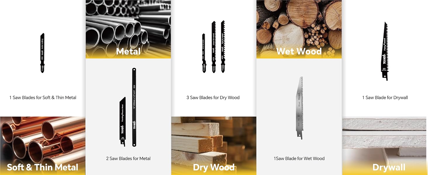 Set: 1 for soft thin metal, 3 for dry wood, 1 for drywall, 2 for metal, 1 for wet wood.
