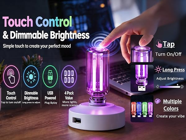 Touch control USB night light with dimmable brightness, mini LED ambient lighting