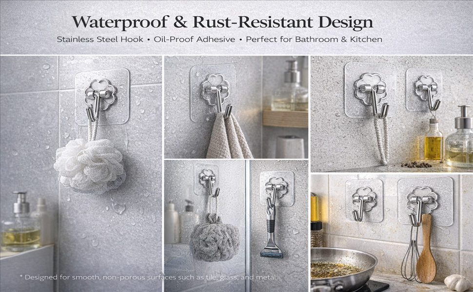 Stainless Steel Hook • Oil-Proof Adhesive • Perfect for Bathroom & Kitchen