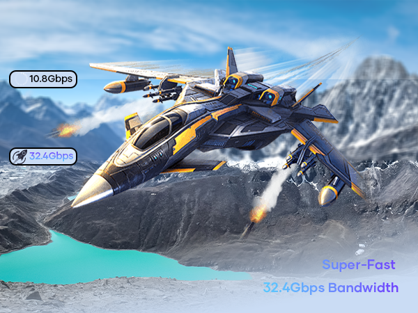 Futuristic aircraft flying over snowy mountains and water. Blue and yellow color scheme. Text indicates '10.8Gbps' and 'Super-Fast 22.5Gbps Bandwidth'.
