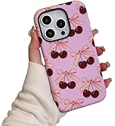 EYZUTAK Case for iPhone 16 Pro Max, Cute Red Cherry Pink Bow Phone Case Glossy Aesthetic Pattern ...