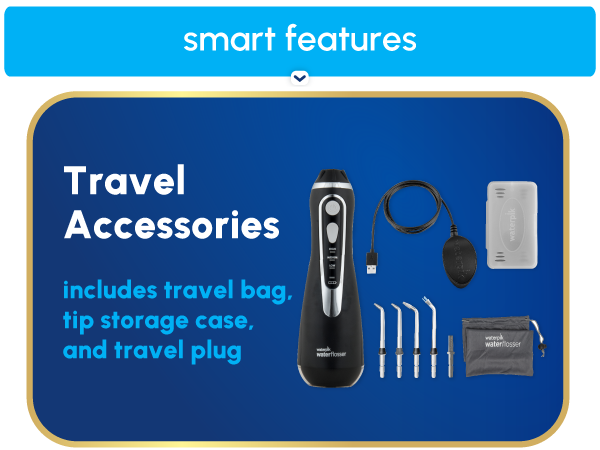 Image of water flosser travel accessories with text reading includes travel bag and tip storage case