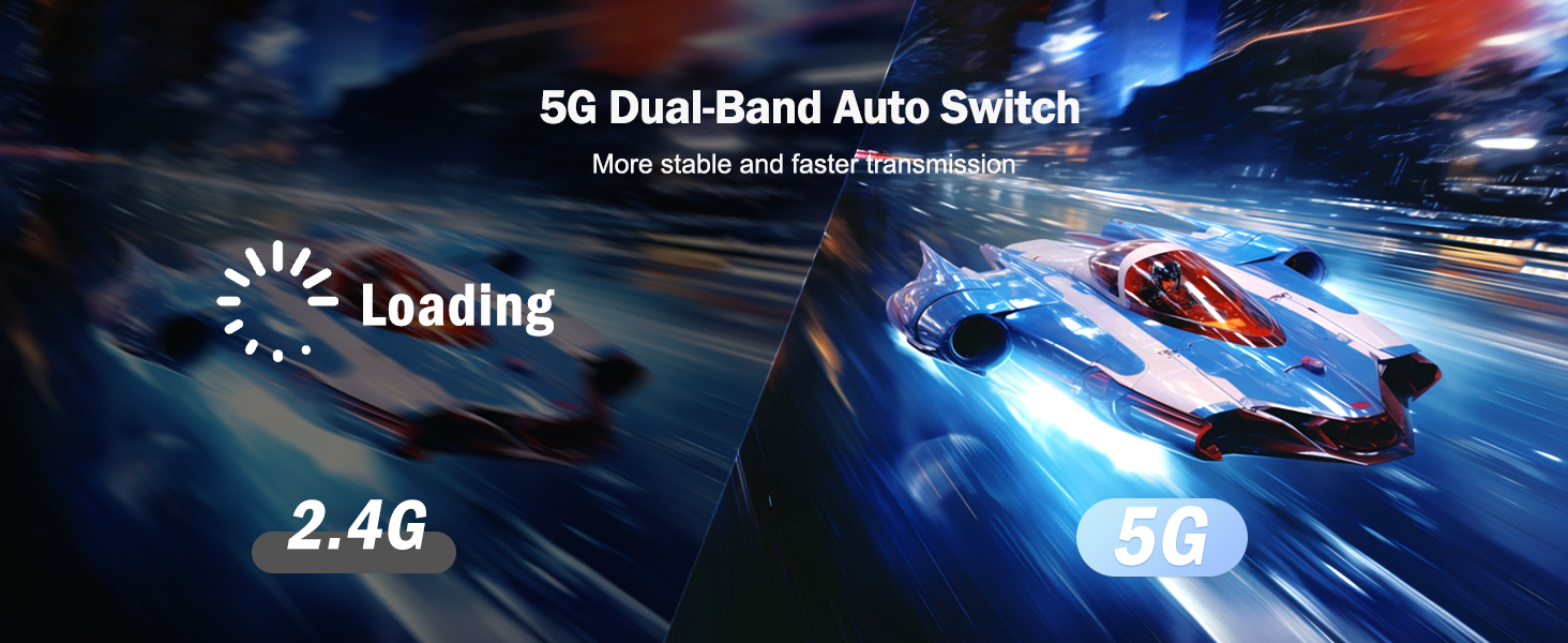 Promotional image for 5G dual-band auto switch technology, showing race cars on a track with 2.4G and 5G labels, emphasizing faster connection speeds.