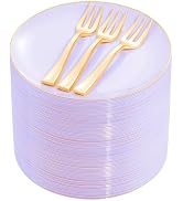 Festiva 200Pcs Purple Gold Cake Plates 6.3" with Plastic Forks 5"- Disposable Salad Plates- Laven...