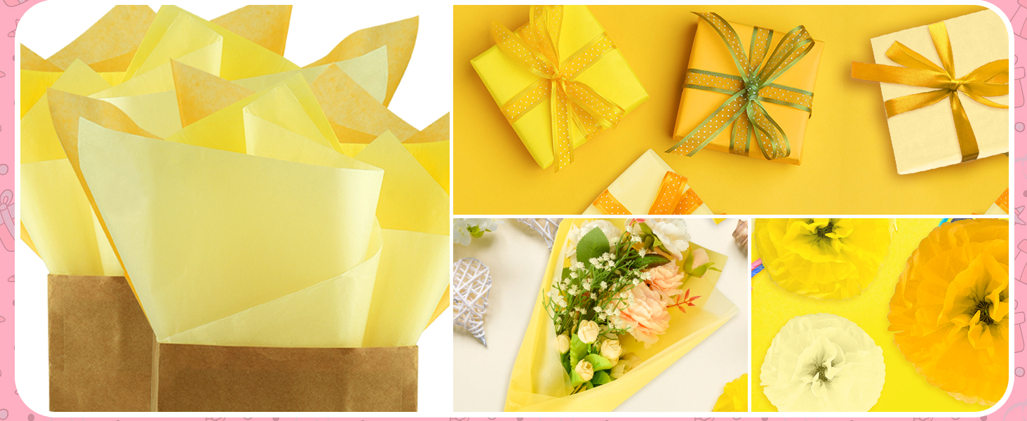 Yellow gift wrap presentation showing wrapped presents with bows and decorative food arrangements on a bright yellow theme.