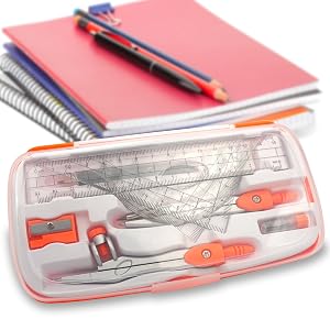 School supplies including red and blue notebooks, pencils, and a clear plastic case containing geometric tools like a ruler, protractor, and compass.