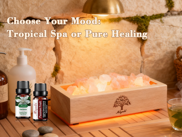 Gardenia & Passion Fruit Essential Oils with Himalayan Salt Lamp for Spa Ambiance & Mood Enhancement