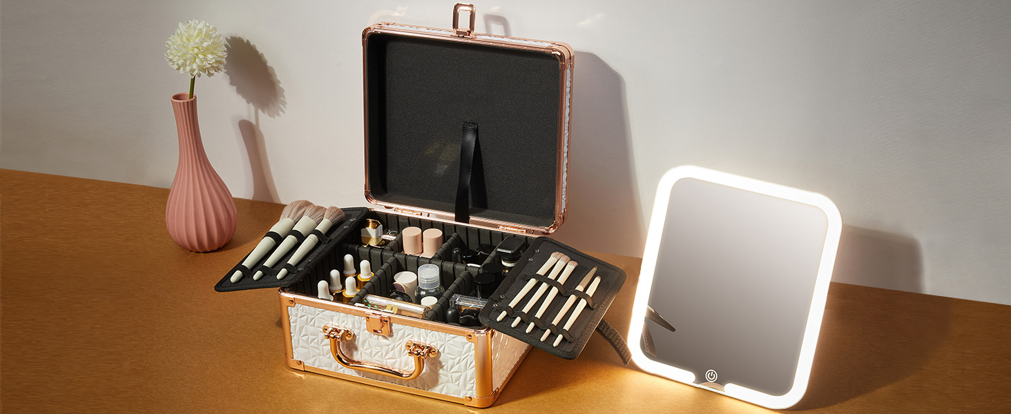 Makeup Box with Lighted Mirror, Travel Train Case Cosmetic Organizer Makeup Suitcase led mirror
