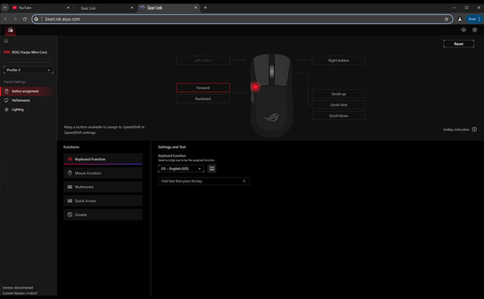 Screenshot of the ASUS gearlink software that can customize the ROG harpe ace mini