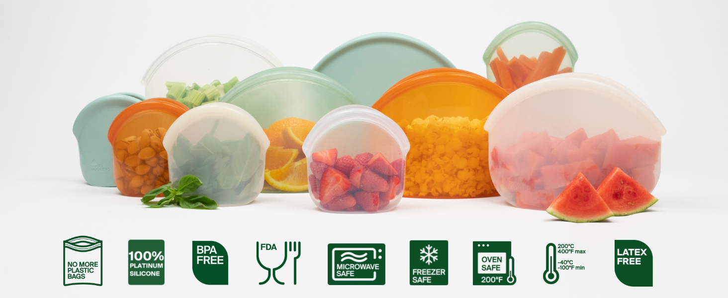 Reusable silicone bags holding healthy snacks and fresh fruit