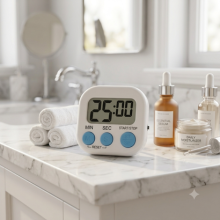 White digital timer on bathroom marble counter next to skincare products.