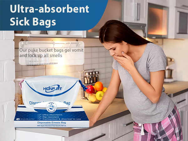 Our puke bucket bags gel vomit and lock up all smells.