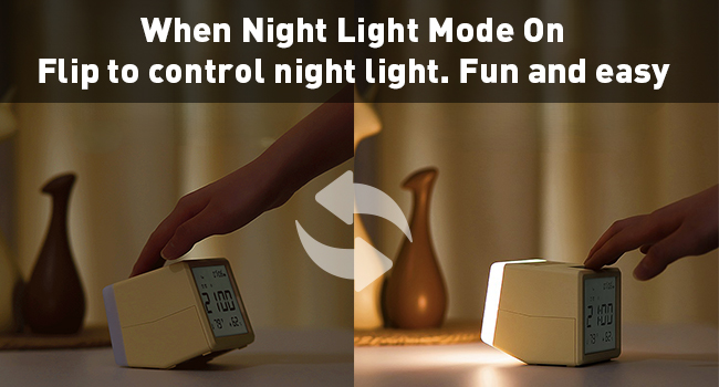 Text reads 'When Night Light Mode On' and 'Pup to control night light. Fun and easy'. Images show a hand adjusting lighting controls in low-light conditions.