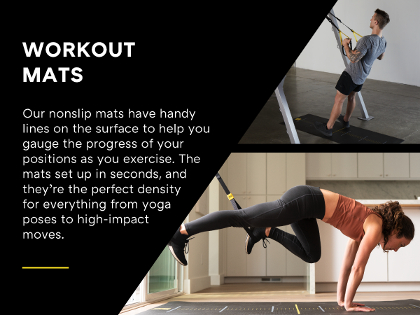 Three people exercising and stretching on workout mats. Text reads: Workout mats.