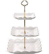 Sumerflos 3-Tier Square Porcelain Cake Stand, White Rimmed with Gold Embossed Cupcake Dessert Sta...