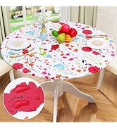 misaya Round Fitted Tablecloth with Elastic Edge, 100% Waterproof Oil Proof Plastic Table Cover, ...