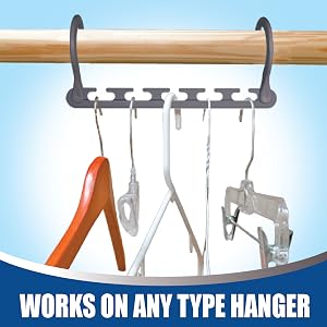 Different types of hangers made of wood, plastic and wire are all hanging on wooden closet rod.